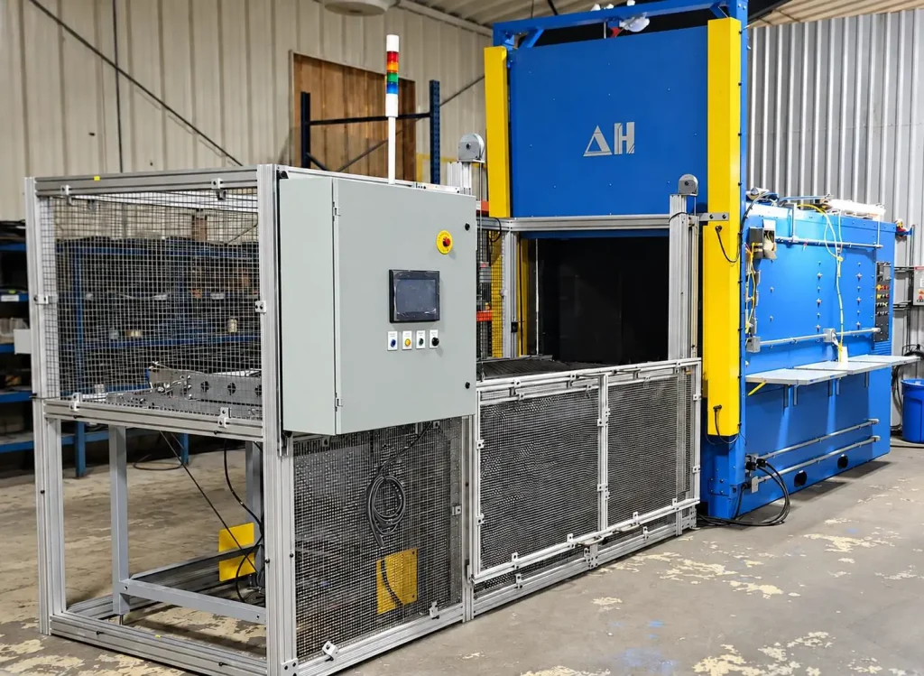 DELTA H automated horizontal air quench furnace with guarded load conveyor, control panel, and touchscreen HMI